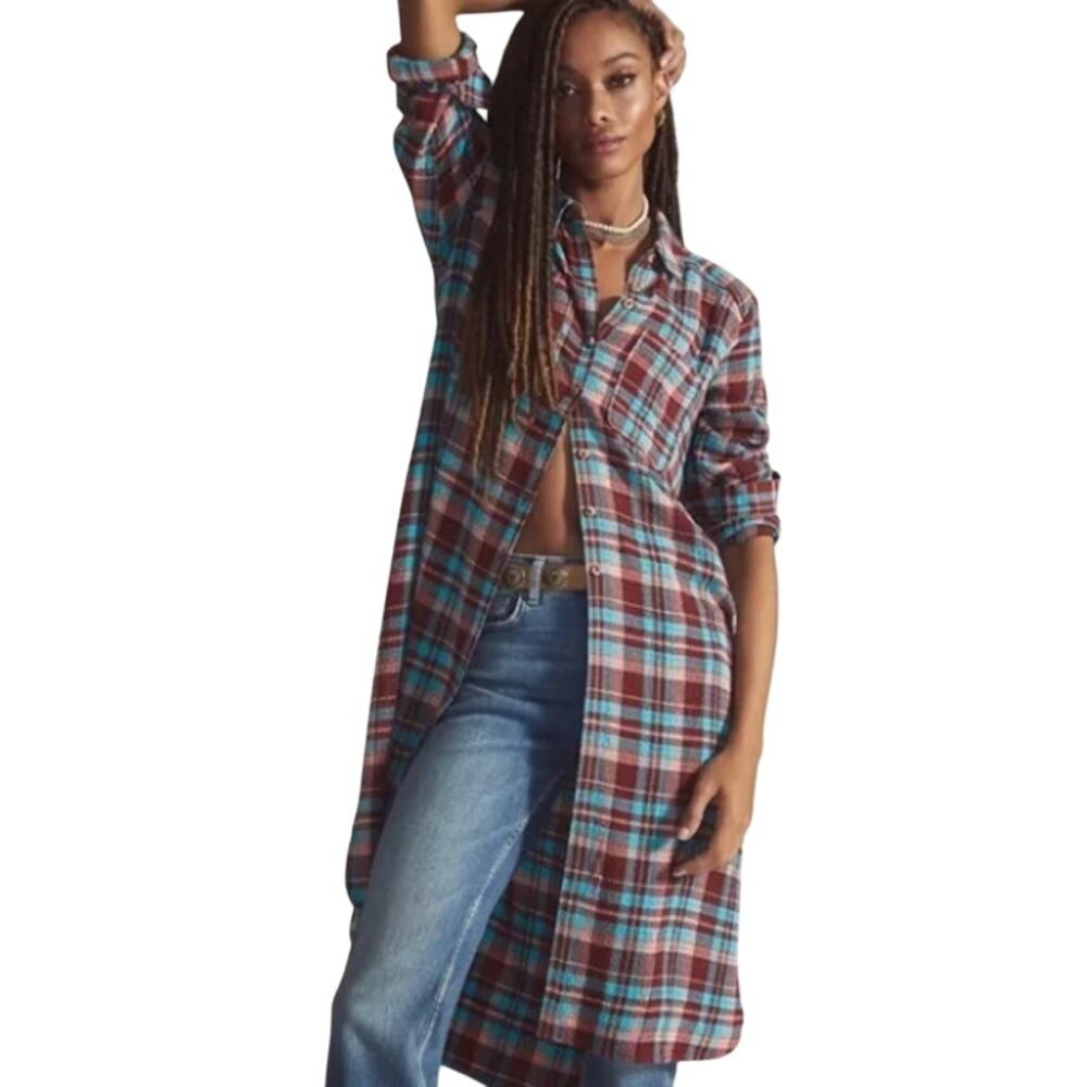 Anthropologie x Pilcro M Flannel Button Down Duster Tunic Plaid Motif Western